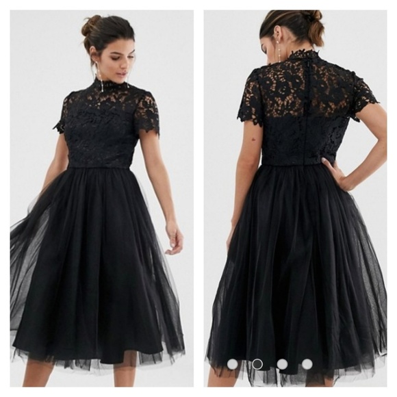 chi chi london high neck lace midi dress with tulle skirt in black
